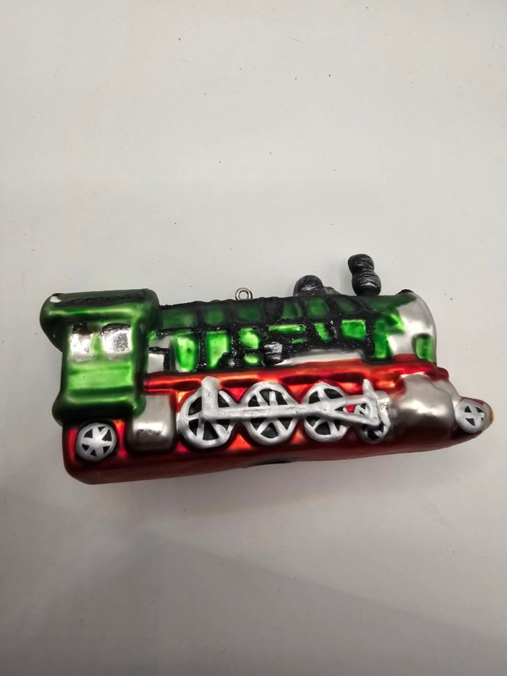 Hand-Painted Glass Train Christmas Ornament With Green Red & Silver Accents